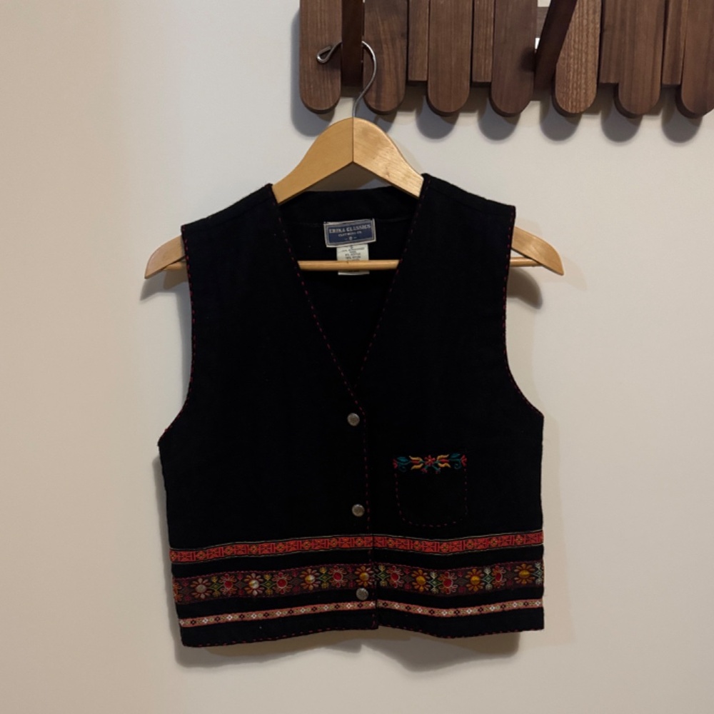 Vintage Erica Classics Wool Embroidered Black Vest -Small